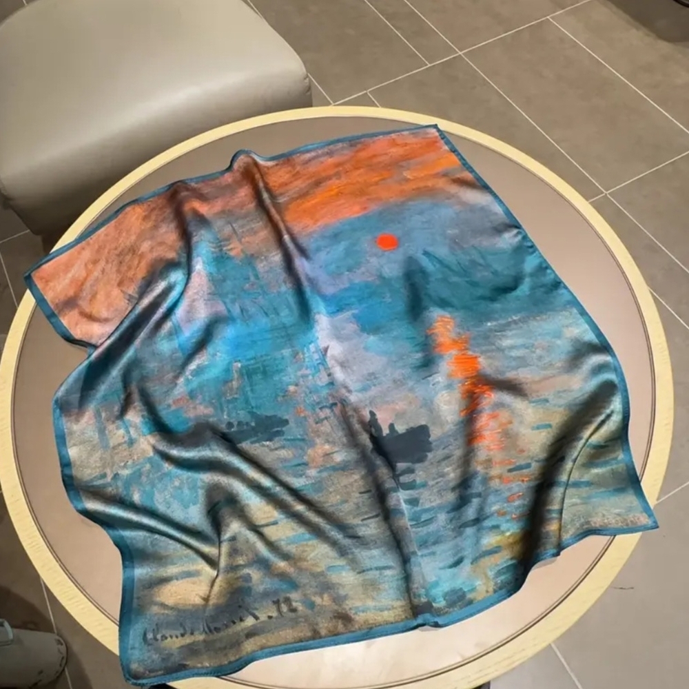 100% Mulberry Silk Scarf Claude Monet Impression Sunrise Art Square Hair Bandana